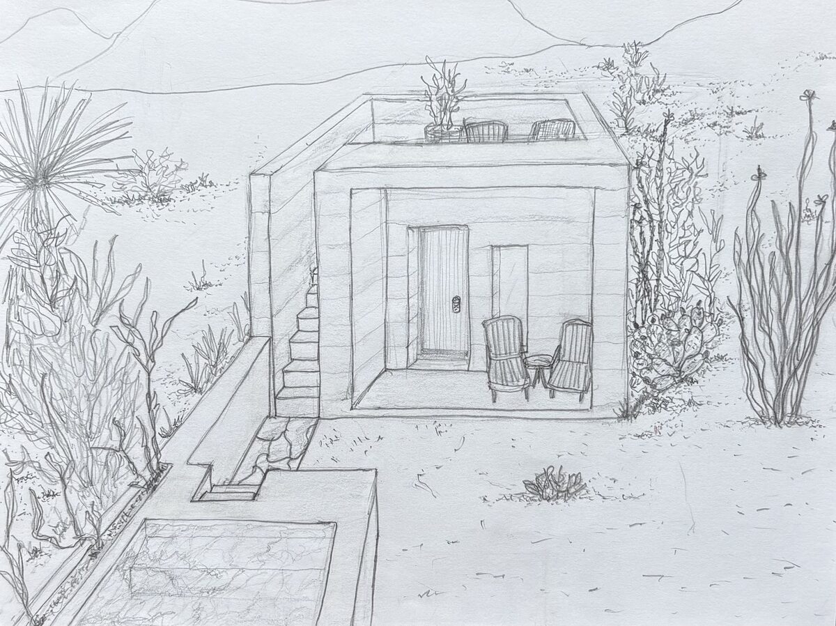Hand-drawn sketch of a casita with rooftop deck and plunge pool
