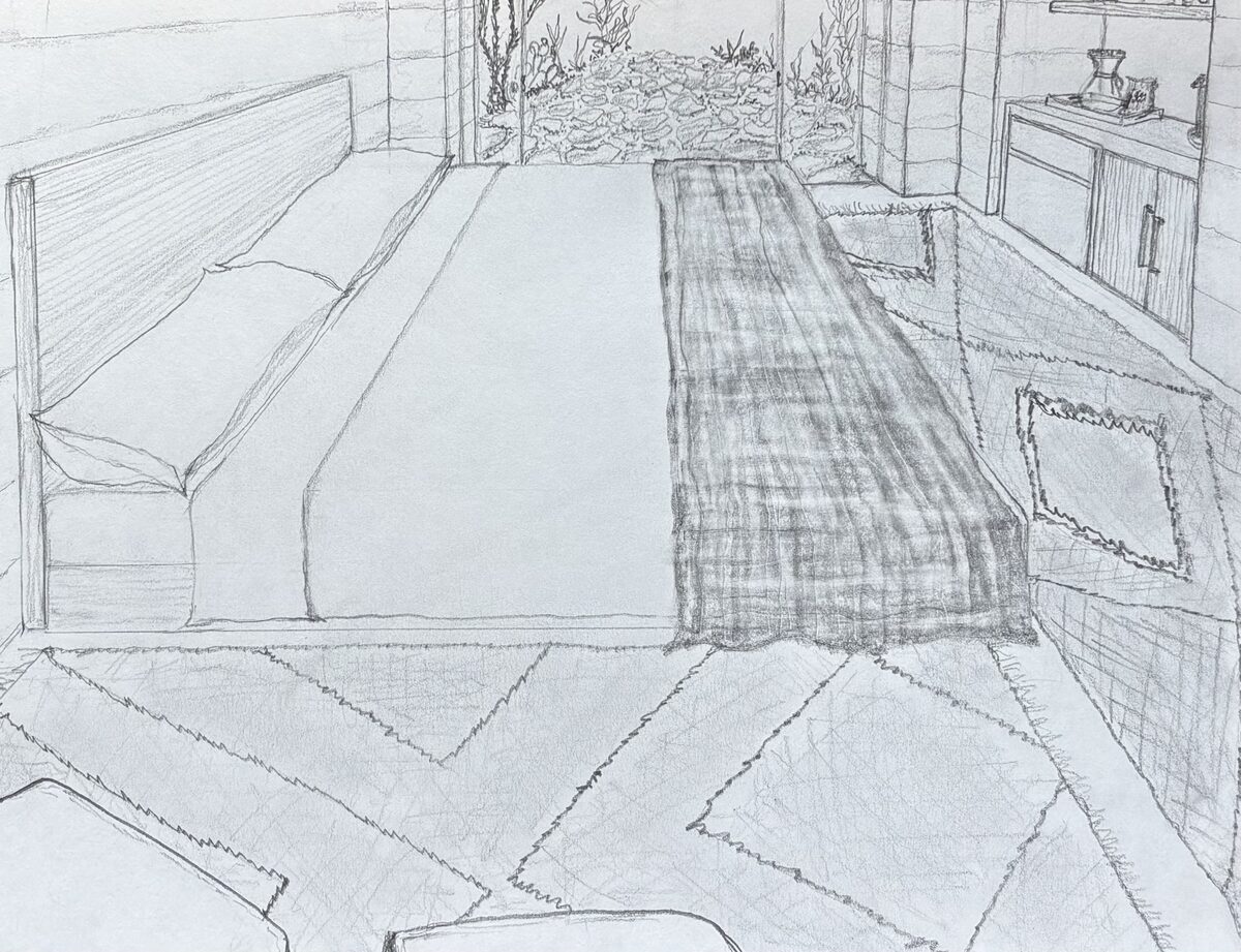 Hand-drawn sketch of the pool casita interior